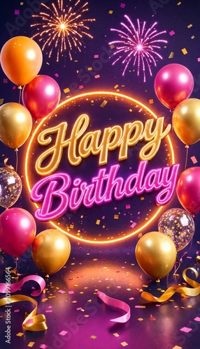 Happy birthday text sign with colorful balloons and bright fireworks in the night sky for celebration card design