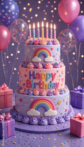 Three tier birthday cake with rainbow decorations and lit candles surrounded by colorful balloons and gift boxes on a festive purple background for a party celebration