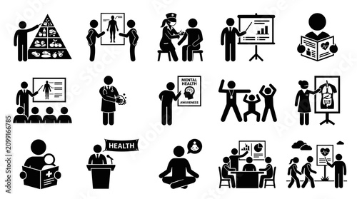 Black and White Glyph Stick Figure Icons Set Depicting Health, Wellness, Education, and Medical Awareness Concepts.