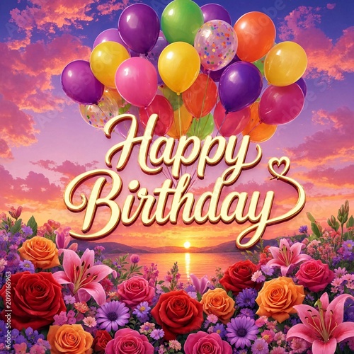Happy birthday greeting card design with colorful balloons and beautiful blooming flowers against a vibrant sunset sky background for celebration and festive party events