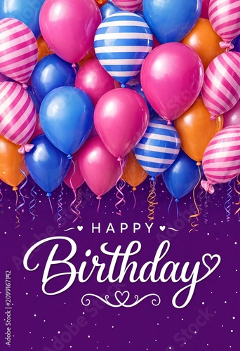 Happy birthday greeting card design with colorful balloons and ribbons on a dark purple background