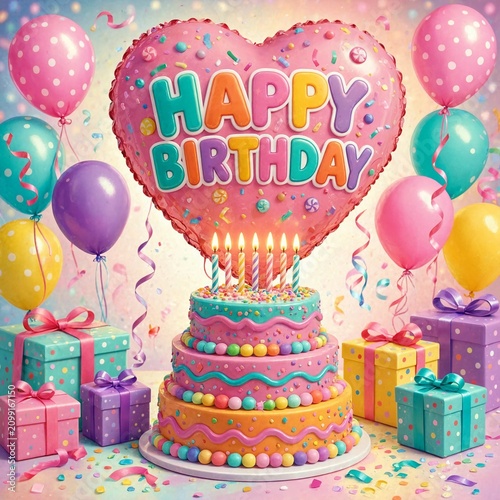 Colorful three tier birthday cake with a large pink heart balloon and many wrapped gift boxes surrounded by bright balloons and confetti for a festive party celebration