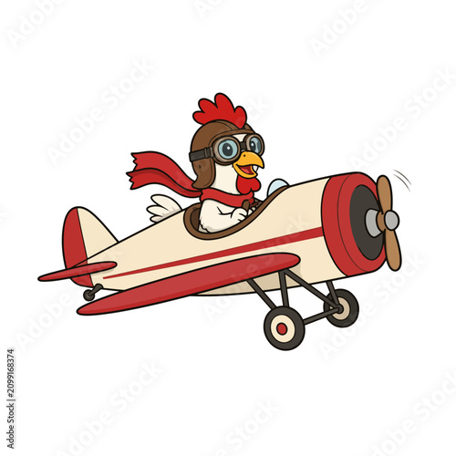 Cute Rooster Pilot Flying Vintage Monoplane Vector Illustration