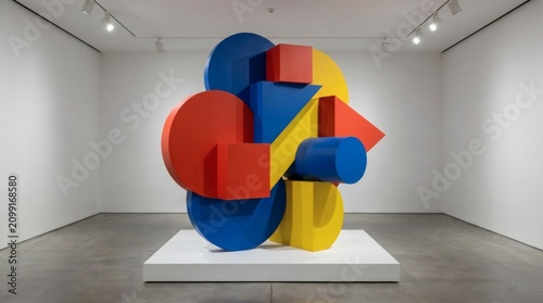 Colorful abstract sculpture composed of geometric shapes in primary red, blue, and yellow, exhibited in a modern art gallery.