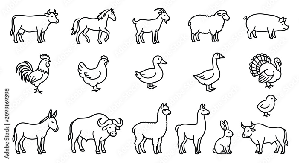 Fototapeta premium Farm animal outline icon collection featuring livestock and domestic animals in minimalist black line art vector isolated on white background