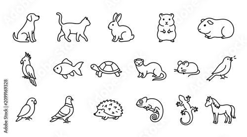 Fotografie Cute small animal doodle icon collection featuring pets, birds and woodland crea