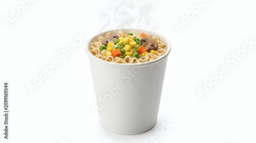 Steaming Instant Noodles in a White Cup with Mixed Vegetables, Isolated on White Background