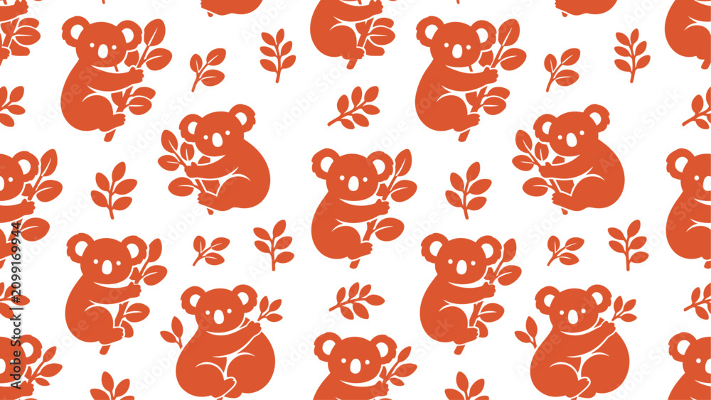 Foto Cute Orange Koala Holding Eucalyptus Leaves Seamless Pattern