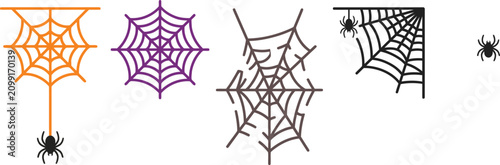 Foto Collection of various spider webs and spooky spiders for halloween design with h