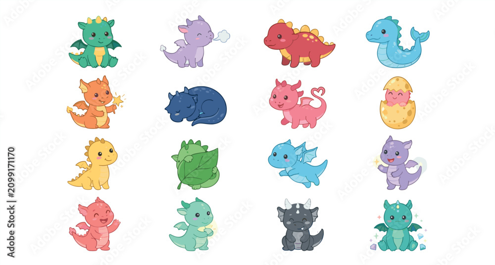 Obraz premium Cute Cartoon Baby Dragon Sticker Set Featuring Flying Serpents, Hatching Mythical Creatures, and Sleepy Little Monsters Vector Collection