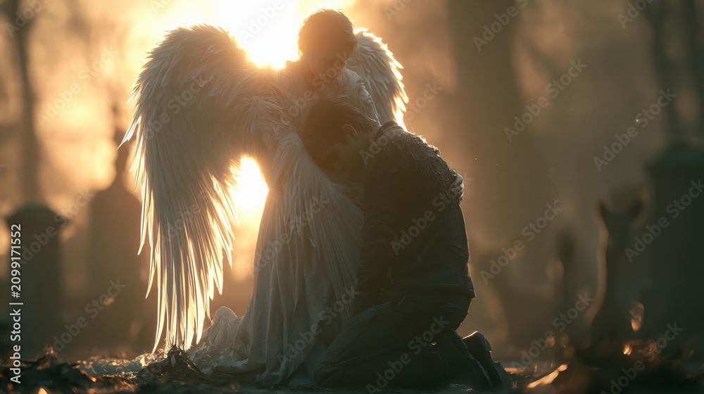 Obraz premium Angel wrapping wings around a person kneeling at a graveside. Concept of divine comfort in loss.