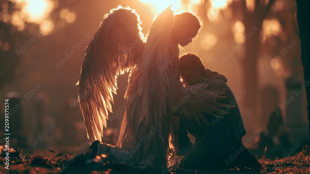 Obraz premium Angel wrapping wings around a person kneeling at a graveside. Concept of divine comfort in loss.