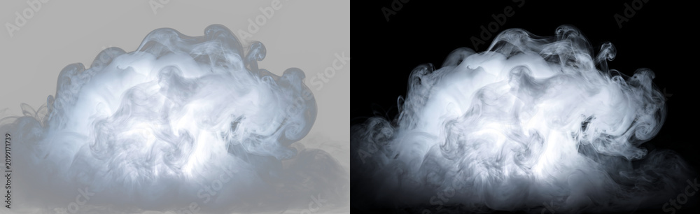 Obraz premium Light blue smoke cloud with glowing light isolated on transparent background, abstract icy fog burst effect, dynamic vapor and mist explosion overlay PNG, cutout