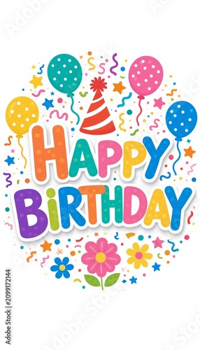 Happy birthday text design with colorful balloons party hat and flowers for a fun celebration greeting card illustration