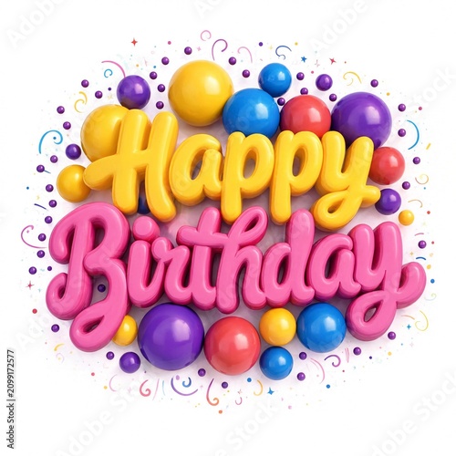 Colorful 3d happy birthday text greeting card design with bright balloons and confetti elements for celebration and party decoration graphic