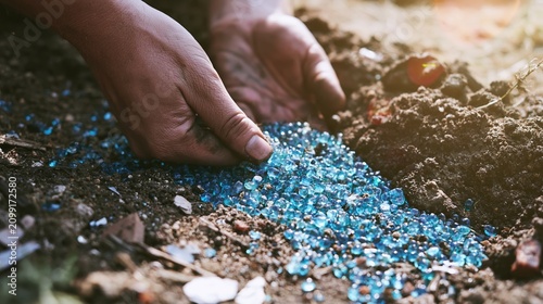 Hands carefully excavating soil, revealing a vibrant pile of blue mineral beads. Unearthing a secret