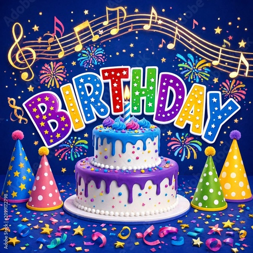 Colorful birthday cake with party hats and fireworks on a dark blue background with music notes