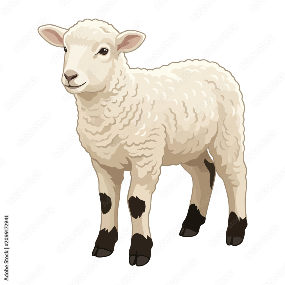 Fototapeta premium A Cute Fluffy Little White Lamb Standing Isolated On A Plain White Background Featuring Soft Woolly Texture And Distinctive Black Spots On Its Legs
