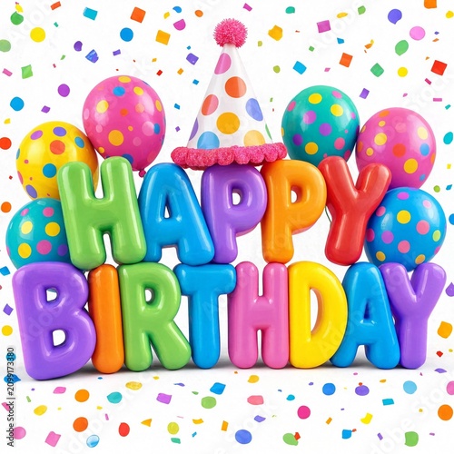 Happy birthday text made of colorful balloons with a party hat and confetti falling around to celebrate a fun holiday event for kids and adults at a festive celebration
