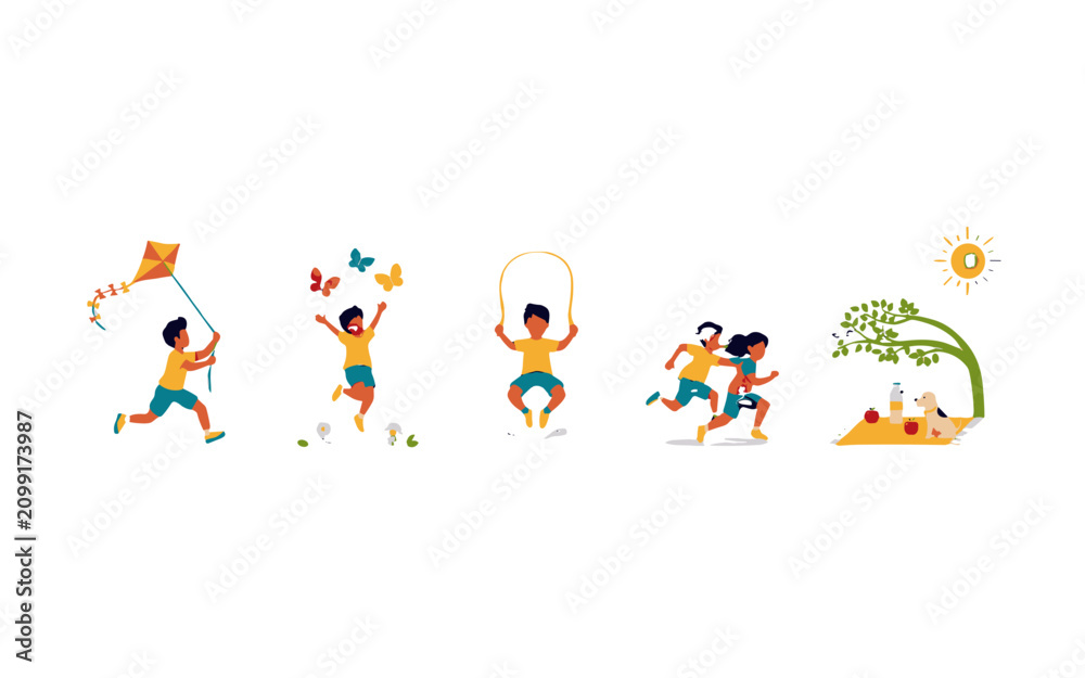 Naklejka premium A series of illustrations depicting children enjoying various outdoor activities on a sunny day.