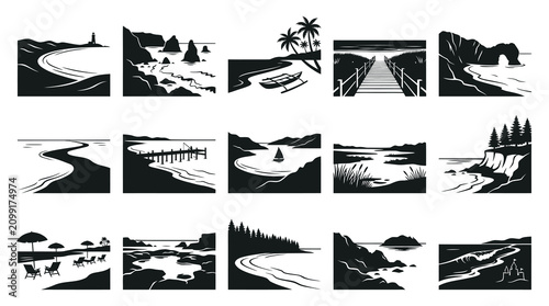 Black and White Silhouette Vector Coastline and Beach Landscapes Set for Nature, Travel, and Summer Concepts