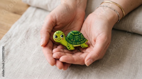 Handcrafted painted turtle stone held in woman's hands, cute green tortoise rock art, decorative pebble craft for home decor and mindfulness