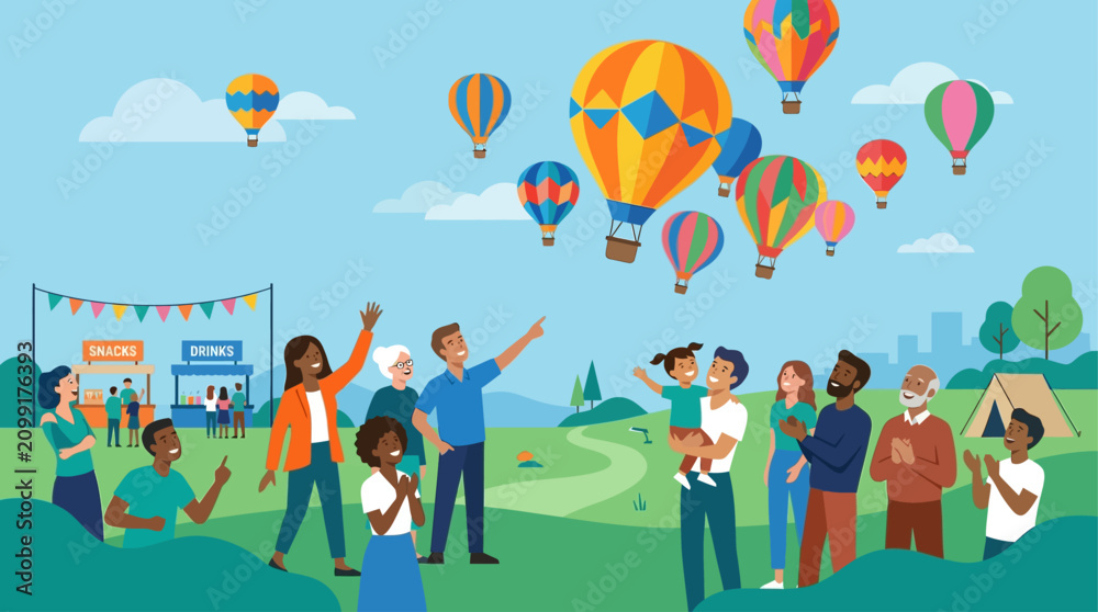 Fototapeta premium This flat design illustration portrays a joyful community gathering, celebrating a vibrant hot air balloon fiesta with colorful balloons filling the sky.