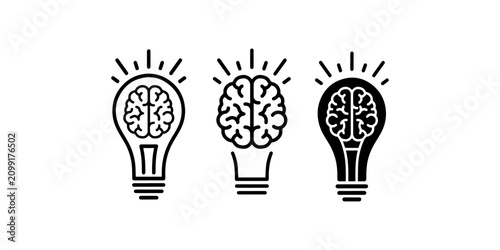 Creative Brain Light Bulb Icons Set Representing Innovation and Thinking ,Mixed style icon set of 3 light bulb brain symbols featuring silhouette, outline and flat color variations for creativity and
