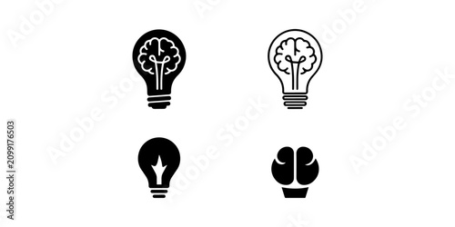 Creative Brain Light Bulb Icons Set Representing Innovation and Thinking ,Mixed style icon set of 3 light bulb brain symbols featuring silhouette, outline and flat color variations for creativity and