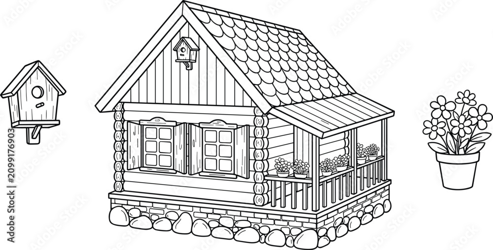 Fototapeta premium Black and White Cute Garden Log Cabin Vector Illustration Set with Birdhouse and Potted Flower Elements for Kids Coloring Book Designs