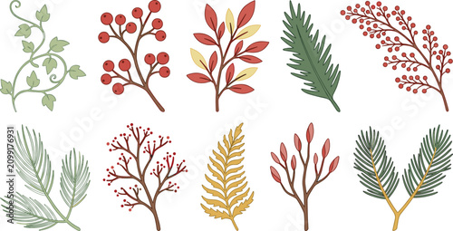 Collection of hand drawn autumn and winter botanical elements featuring twigs branches leaves berries and evergreen pine needles
