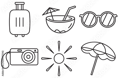 Summer travel outline icon set including sun, camera, beach umbrella, sunglasses, suitcase, and coconut drink. Editable vector illustration isolated on white background.