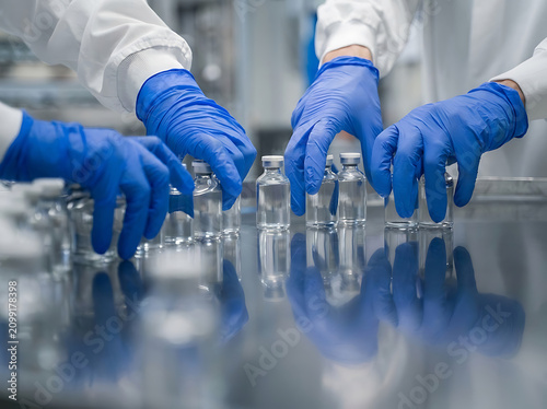 Scientists Wearing Blue Gloves Handling Glass Vials in Sterile Laboratory During Pharmaceutical Production and Scientific Quality Control Processes.