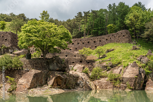 Stone Fortress Wall in a Lush Forest Landscape