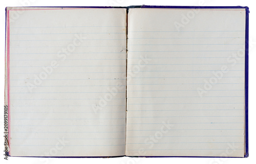 Open lined notebook with blank pages top view isolated on white