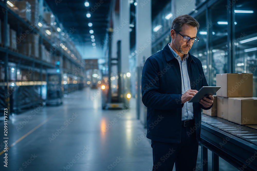 Fototapeta premium A businessman in a suit is looking at a tablet inside a large, modern warehouse.