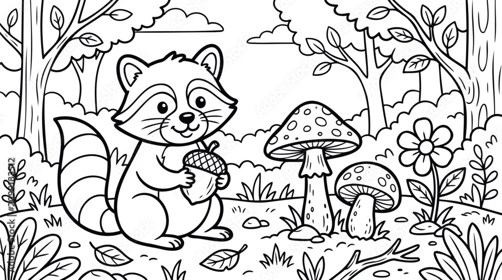 Fototapeta premium Cartoon raccoon holding an acorn standing beside a mushroom in a forest setting