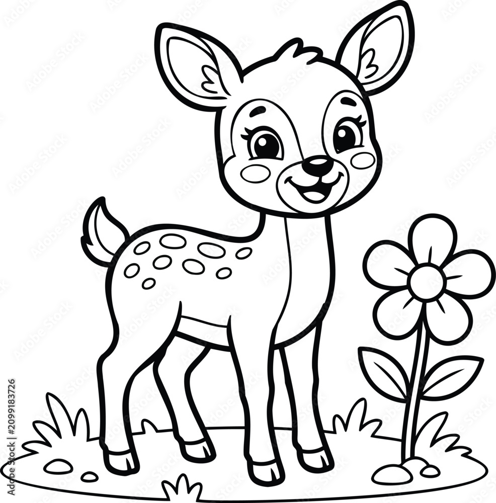 Fototapeta premium Cute cartoon baby deer with large expressive eyes standing next to a small flower cartoon deer animal cute animal