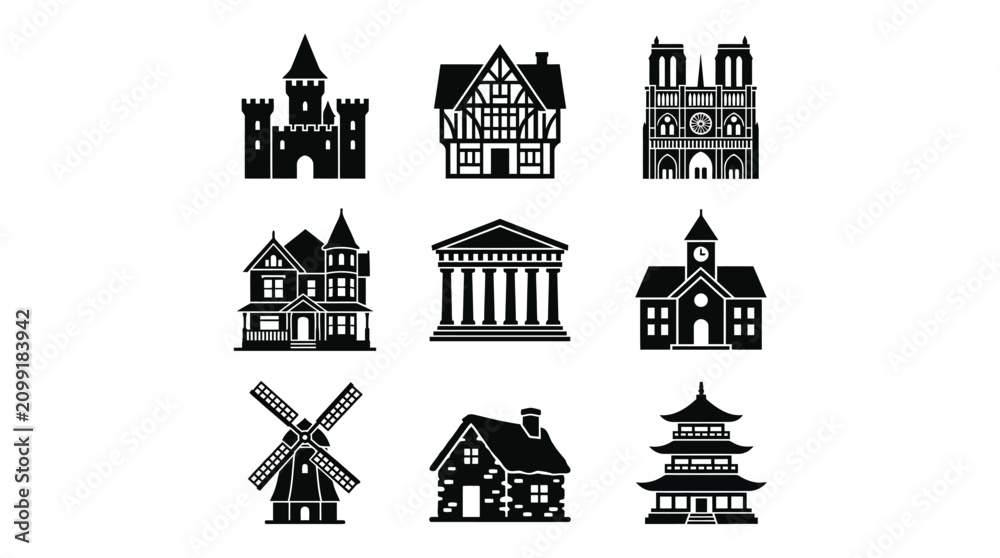 Fototapeta premium Black and white building silhouettes collection.