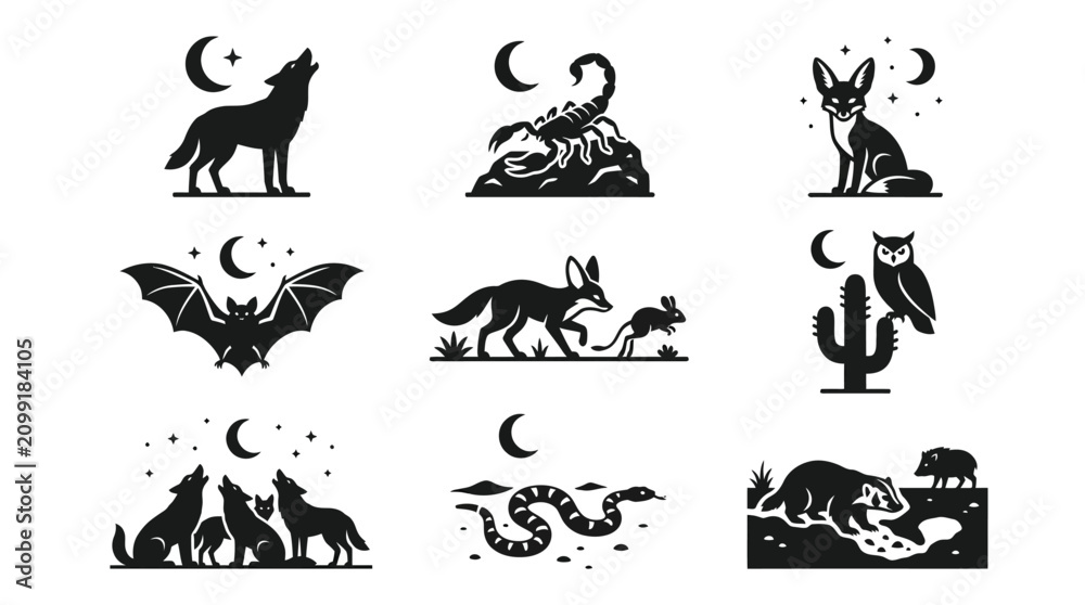 Naklejka premium Black silhouettes of various wild animals.