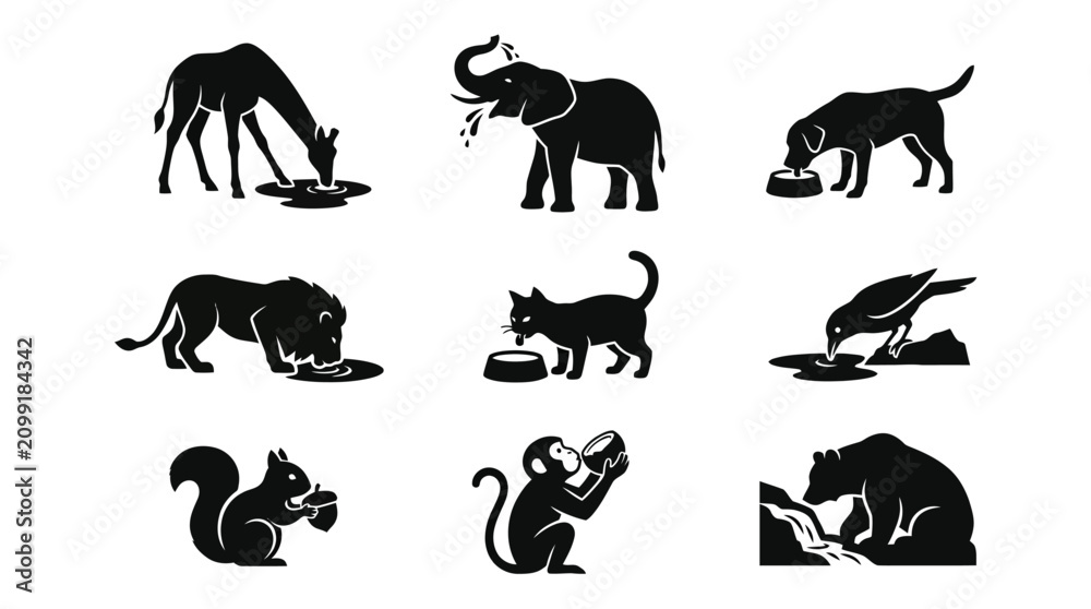 Fototapeta premium Black silhouettes of various hungry animals.