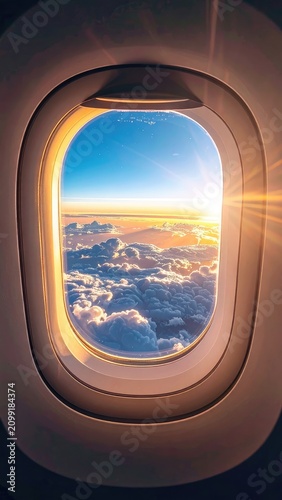 Sunrise viewed through an airplane window above a sea of clouds.