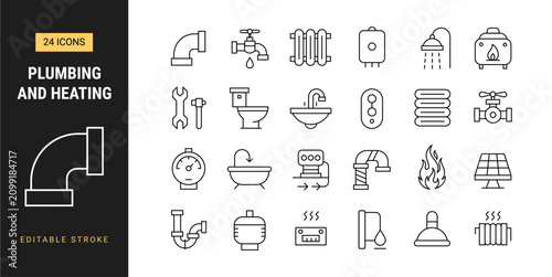 Plumbing and heating icon set with water pipe faucet boiler radiator toilet bathroom and maintenance symbols in editable stroke line.