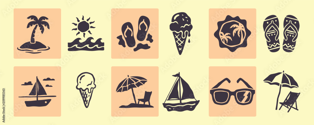 Fototapeta premium Retro Summer Beach Icon Set Hand Drawn Silhouettes
