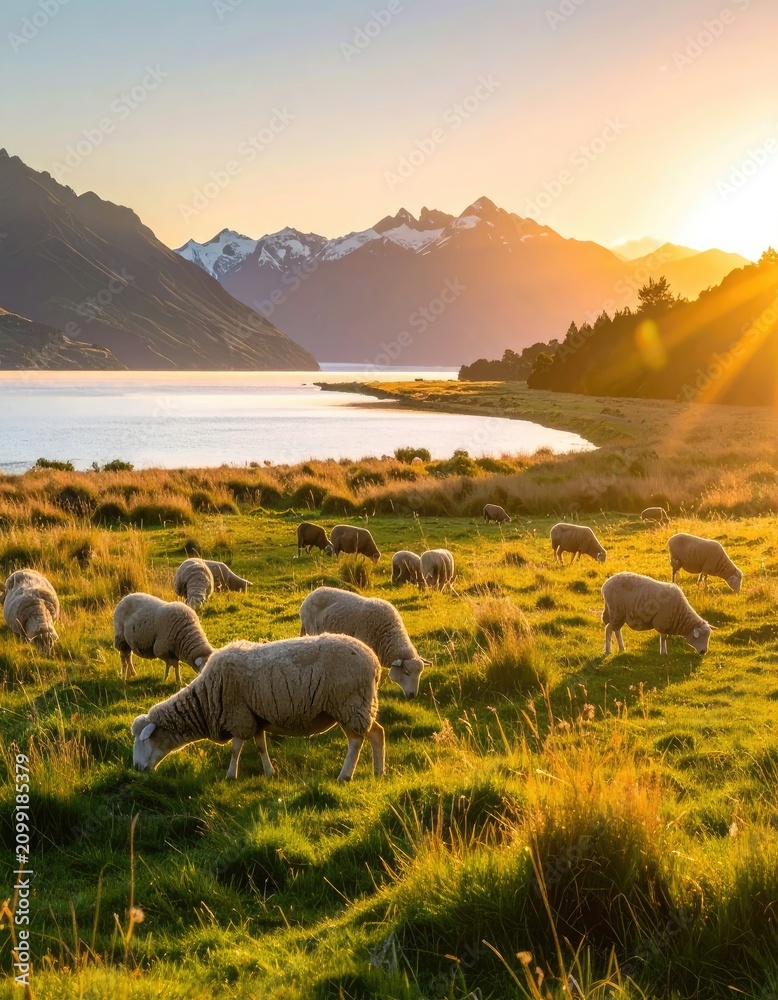 Obraz premium Sheep grazing in a sun-drenched field with mountains and a lake in the background.
