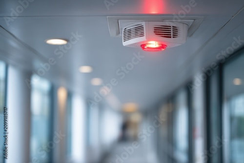 Emergency alert beacon emitting red light in a clean interior space