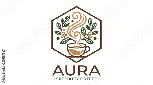 Canvastavla Elegant minimalist logo design for a specialty coffee shop featuring a steaming cup and coffee plant leaves inside a hexagon frame
