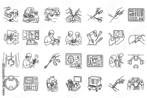 Bild auf Leinwand This image is a set of black line icons representing medical equipment, tools, and procedures related to modern surgery and medicine