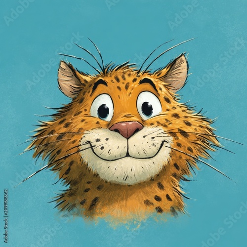 Friendly cartoon wildcat character in a bold blue setting