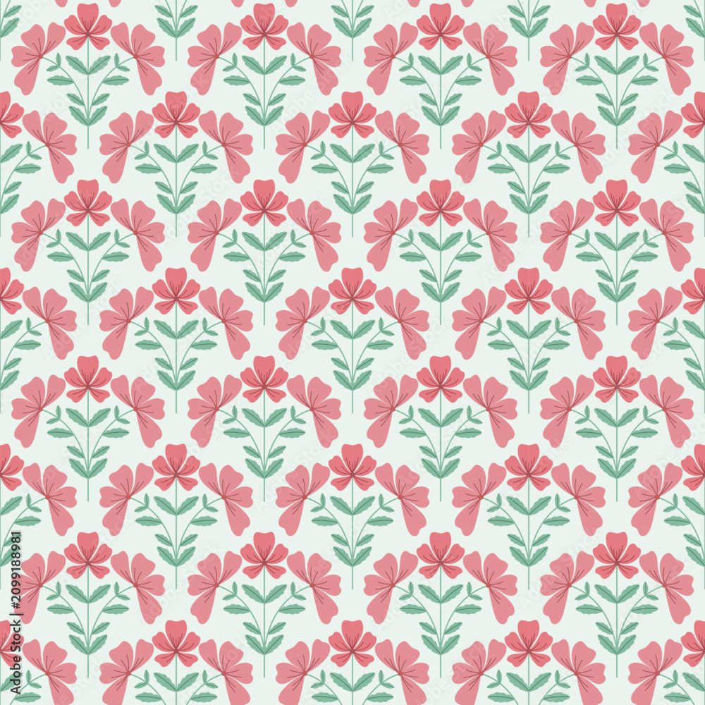 Fototapeta premium Scandinavian Seamless Floral Pattern with Pink Flowers and Green Leaves for Fabric and Wallpaper